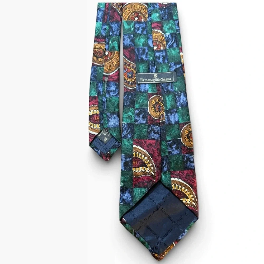 Ermenegildo Zegna Silk Tie Green Blue Paisley Checkered Made Italy Wide Lawyer
